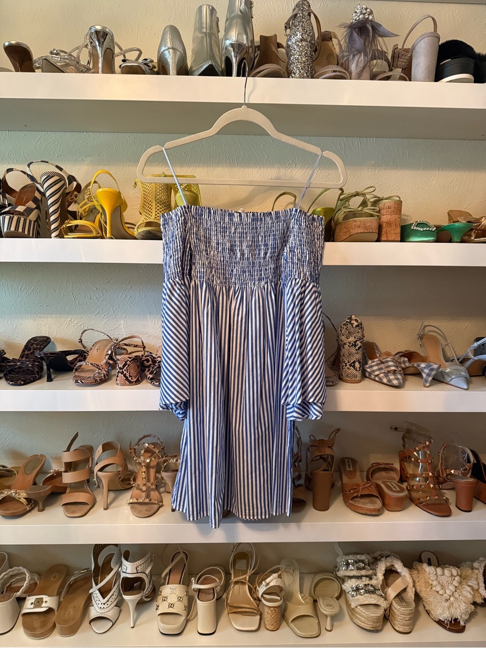 Zara Blue and White Strapless Smocked Dress